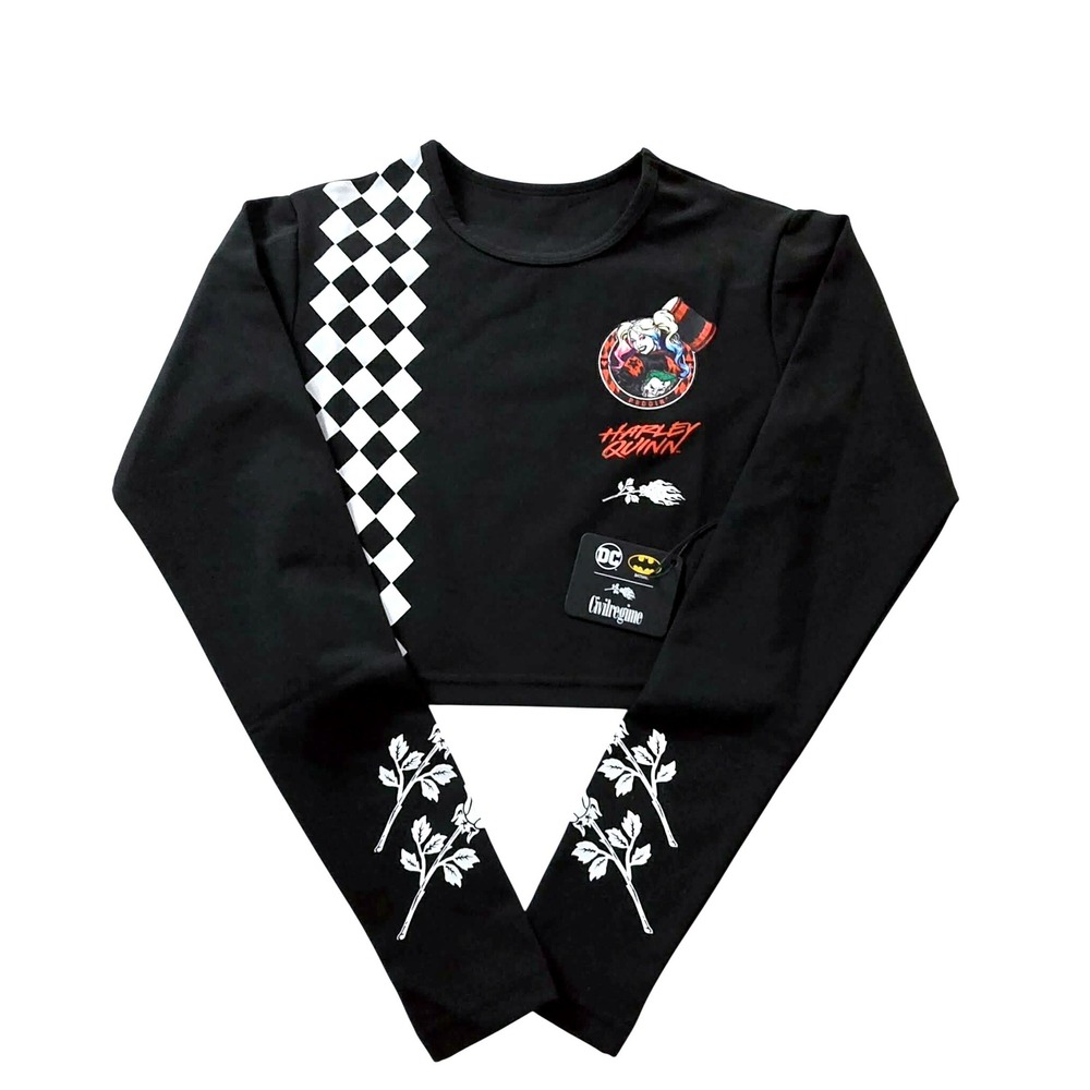 Civil Regime Black Harley Quinn Joker Graphic Long Sleeve Crop Top Womens Size S